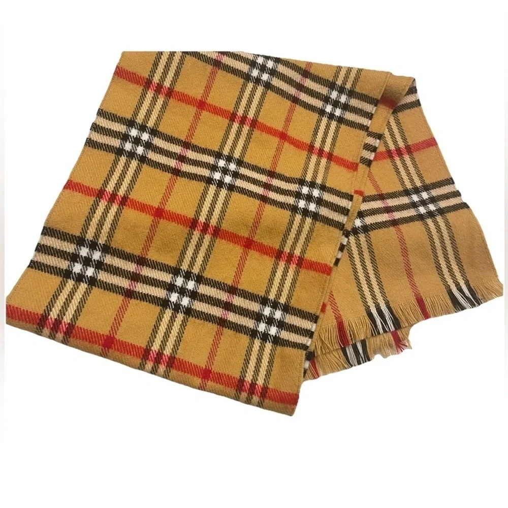 NWOT Plaid Scarf Tan, red, black, white with fringe designer inspired, plaid